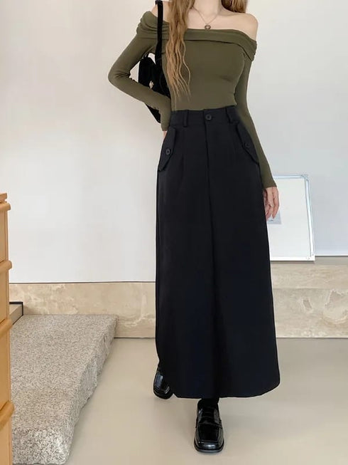 Casual Full Length Side Pocket Loose Skirts With Belt